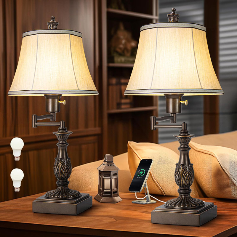 Rustic Traditional 350 Adjustable Swing Arm Table Lamp Set Of 2 With USB A C Ports Brown Finish Cream Shade Vintage Nightstand Lamp For Living Room